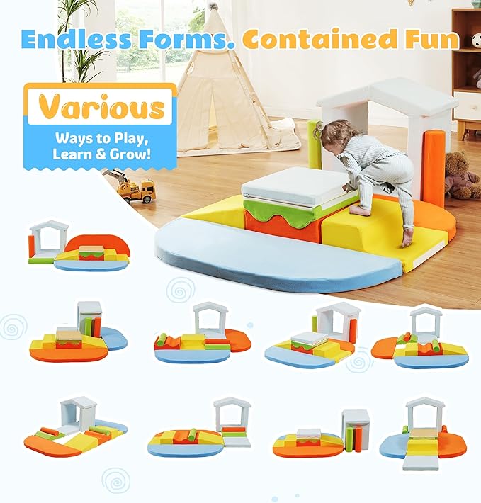 10-Piece Foam Climbing Blocks with Ramp & Stairs for Toddlers,Soft Play Gym Set,Foam Toddler Climbing Toys for Indoor Crawling,Sliding & Creative Play-Dynamic Color