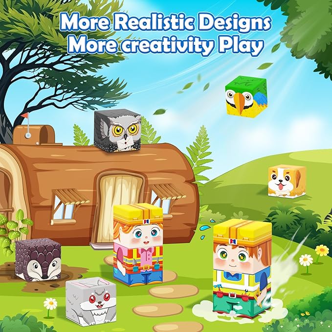 100PCS Magnetic Blocks with Forest Animals, Magnetic Building Blocks Magnet Cube Toys Stacking, Build Forest World Set, STEM Montessori Sensory Toys for Kids Boys Girls Age 3 4 5 6 7 8 9 10 Gifts