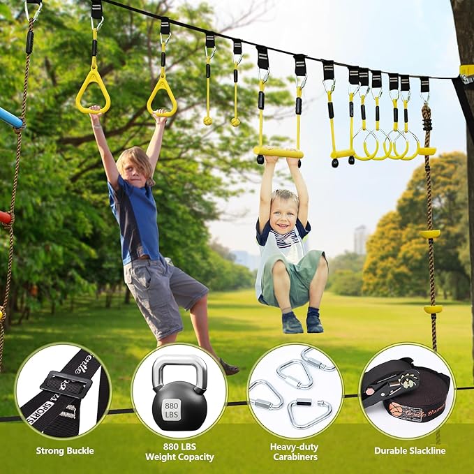 2X65FT Ninja Warrior Obstacle Course for Kids - Ninja Slackline with 14 Obstacles - Ninja Course for Kids with Swing, Ladder,Monkey Bar,Arm Trainer, Climbing Rope