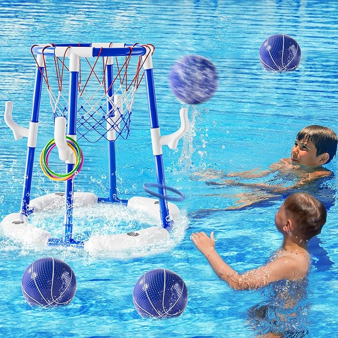 Pool Basketball Hoop Toys for Kids Ages 4-8 8-12 & Adult, Summer Outdoor Swimming Pool Games Water Play Toys Family Party for Kids, 2 in1 Pool Basketball Hoop & Ring Game with 4 Balls 12 Rings & Pump