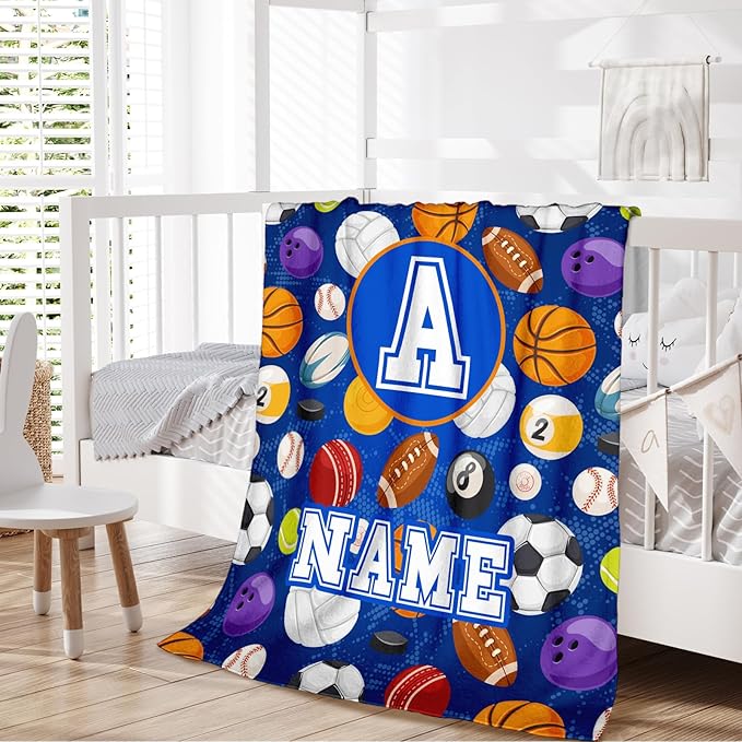 Boys Blanket Custom with Name Sports Blanket Gifts Ideas for Kids 6-8, Personalized Cute Soft Cozy Flannel Monogram Ball Throws for Couch Sofa Bedding Room Home Decor (4 Sizes)