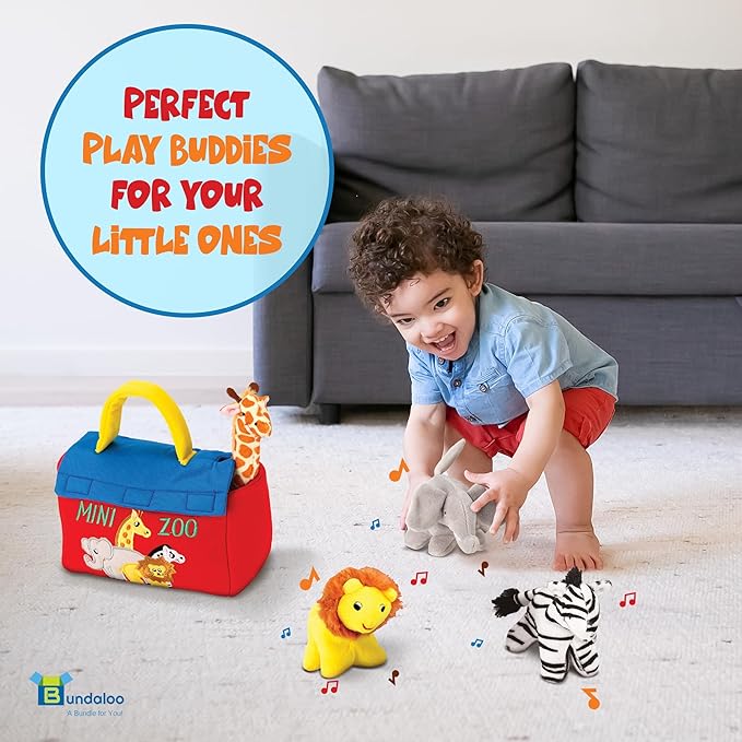 Bundaloo Plush Mini Zoo Playset - Giraffe, Elephant, Lion, Zebra - Interactive Animals, Carrier with Velcro Closure, Natural Sound Effects for Babies and Toddlers