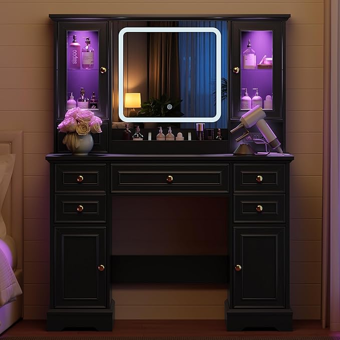 43'' Makeup Vanity with Mirror and Lights, Farmhouse Vanity Desk with Drawers & Charging Station, 3 Lighting Modes & Adjustable Brightness, Glass Cabinet, Dressing Table for Bedroom, Black