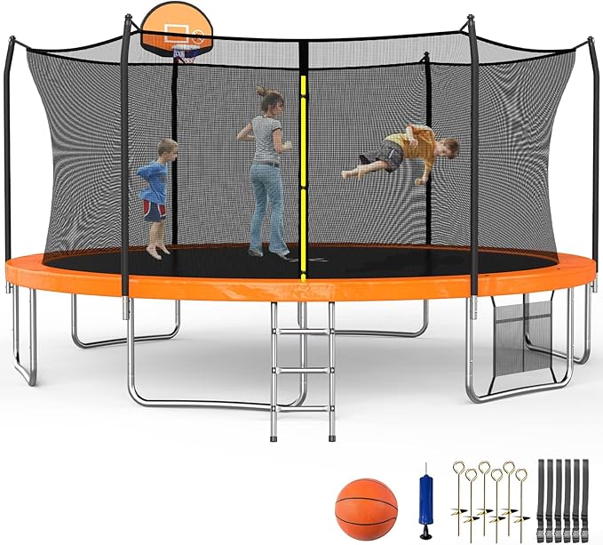 SKOK Trampoline 8FT 10FT 12FT 14FT 15FT Trampolines with Enclosure Net, 400LBS Outdoor Trampolines for Kids with Basketball Hoop-ASTM Approved Trampoline for Children and Adults with Ladder