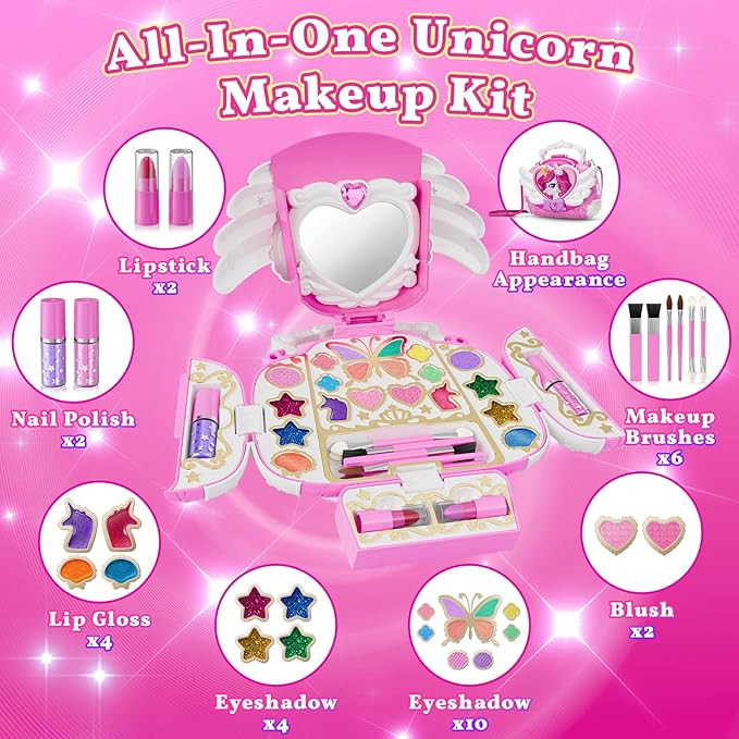 Unicorn Kids Makeup Kit with Mirror & Strap, Real Washable Make Up Set Princess Toys Unicorn Toys for Girls Age 4-6 5-7 6-8 8-13,Girls Toys Stocking Stuffers for Kids,Birthday Gifts for 3-12 Year Old