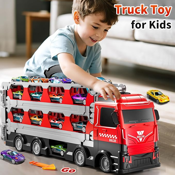 Cars Truck Set Transport Toy for Kids, Race Track Set with 12 Die-Cast Cars, Trucks Playset, 2-Tier Launching Tracks, Carrier Toy for Boys Girls Birthday Gifts for Boys Ages 1-3 2-4 3-5 4-7