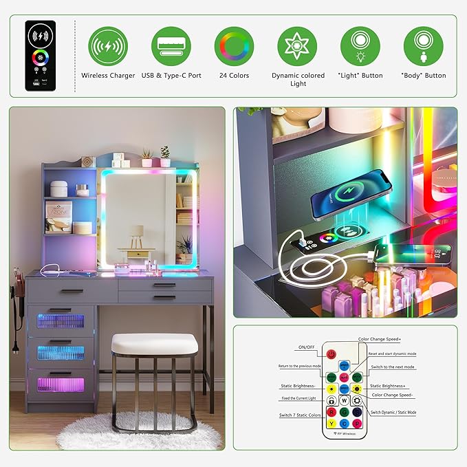 HENBC Vanity Desk with Sliding Mirror and Glass Desktop, LED Vanitys Mirror with RGB Lights Desk and Chair, Dressers Table Set with Charging Station/Makeup Organizer/6 Drawers for Bedroom(Grey)