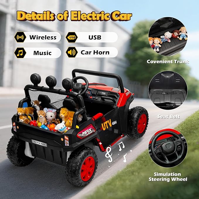 2 Seater 24V Ride On Toys for Big Kids, Electric UTV Car with Remote Control, 4-Wheeler Suspension, Side by Side Vehicle Max 110lbs, Soft Start, Bluetooth, Lights, Ride on Truck Kids 3 Years+, Red