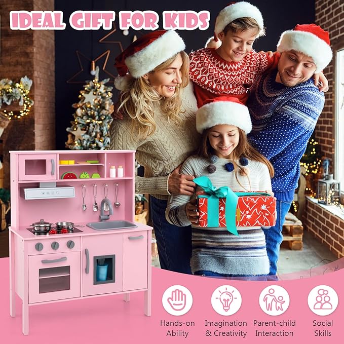 Costzon Kids Kitchen Playset, Wooden Pretend Toddler Kitchen Toy Set w/Sound, Microwave, Oven, Ice Maker, Range Hood, Stoves, Sink & 18 Accessories, Pink Play Kitchen for Girls Ages 3+