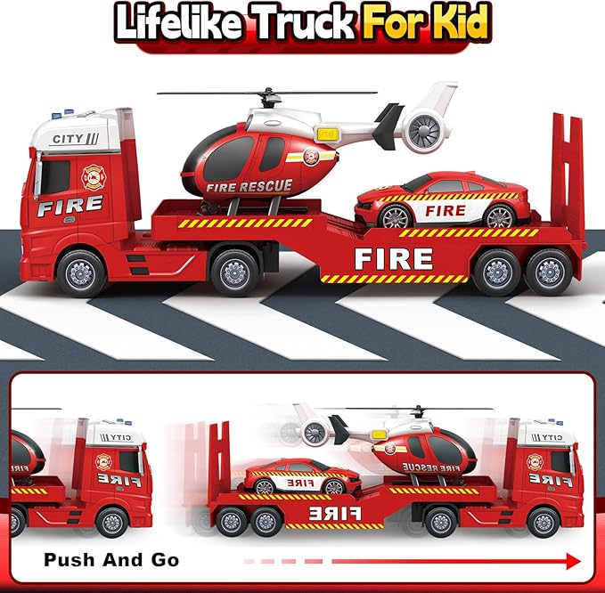 SpringFlower Truck Toddler Boy Toys, 25" Large Fire Truck Toy with Racing Car and Helicopter,3 in 1 Lights Sounds Fire Boy Vehicle, Christmas Birthday Gifts for Kids 3 4 5 6 Years Old