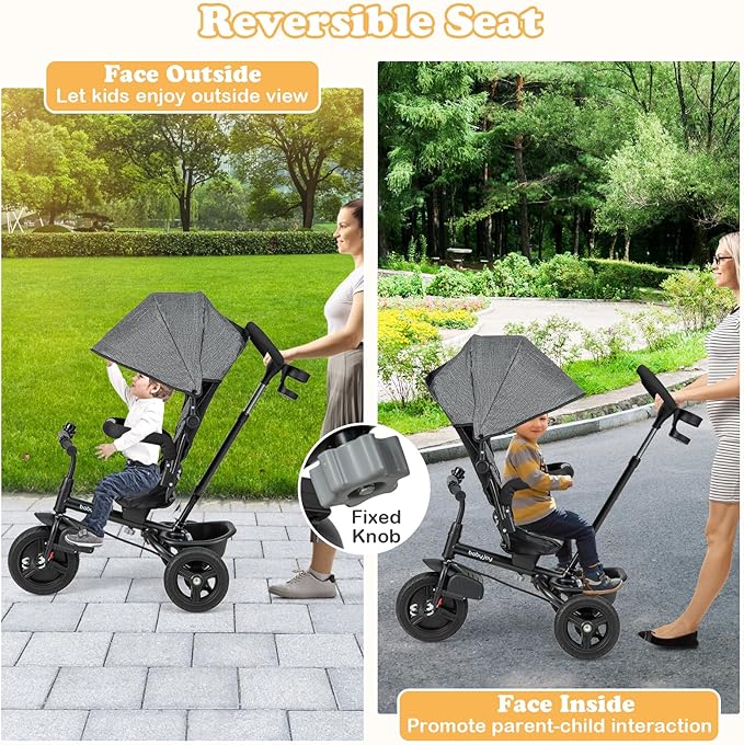 BABY JOY Tricycle, 6 in 1 Tricycle for Toddler w/Reversible Seat, Adjustable Canopy & Parent Handle, 5-Point Safety Belt, PU Wheels and Storage Basket, Push Tricycle for 9-60 Months (Gray)