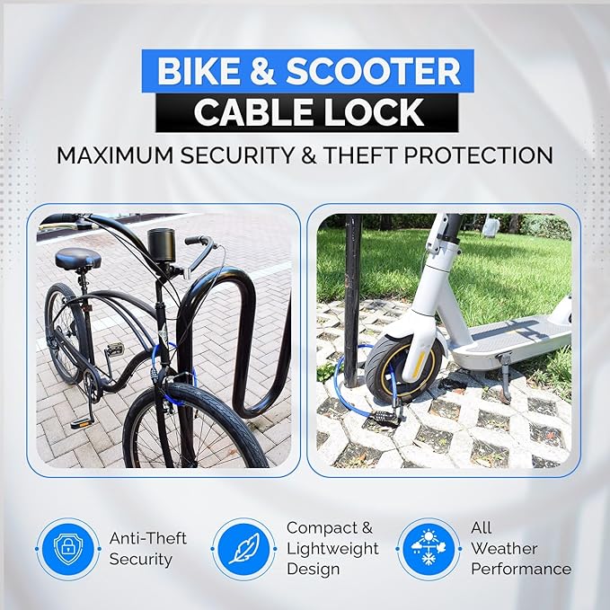 Security Cable Lock Set, Resettable Combination Lock, Mounting Bracket, Portable and Compact for Bikes, Scooters and More, 4ft