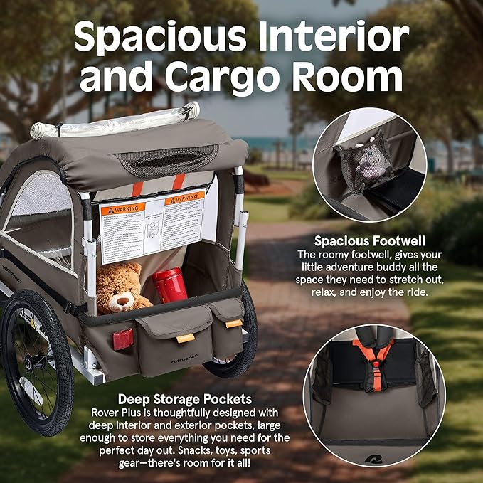 Retrospec Rover Plus Foldable Bike Trailer for Kids, Single/Double Passenger Child Bike Trailer with 5-Point Safety Harness, Reflective, Weather-Resistant Fabric and Safety Flag - Supports 40-80 lbs