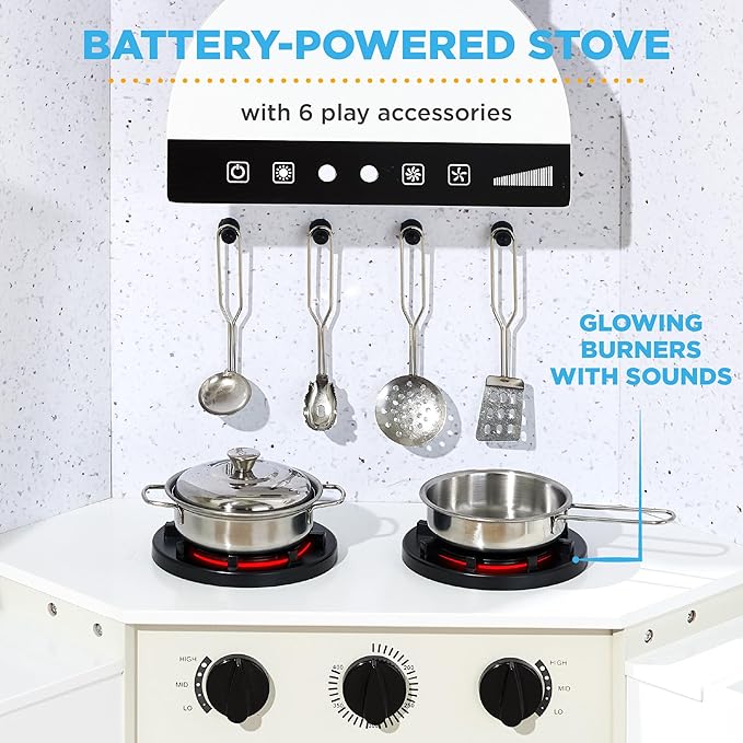 Best Choice Products Pretend Play Corner Kitchen, Ultimate Interactive Wooden Kids Playset w/Lights & Sounds, Ice Maker, Hood - Cream