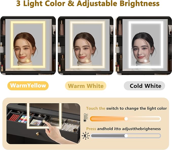Makeup Vanity Desk with Mirror and Lights, Black Vanity with Glass Top, Jewelry Storage, Power Outlets, 3 Drawers & 2 Cabinets, Adjustable LED Lighting, Dressing Table for Women & Girls Bedroom