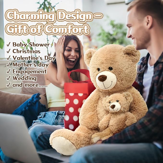 MorisMos Mom and Baby Giant Teddy Bear, 39inch Soft Stuffed Animal Large Teddy Bears Plush for Baby Shower, Tan