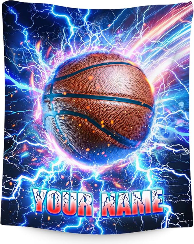 Basketball Blanket for Boys Personalized Throw Gifts - Lightning Sport Theme Custom Throws for Couch, Bed (4 Sizes Choose)
