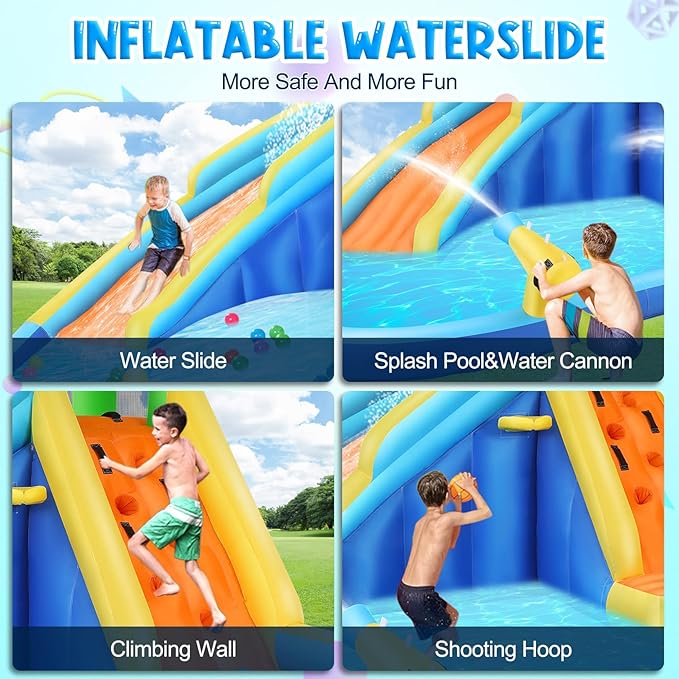 AKEYDIY Inflatable Water Slide for Kids 3-12,Crocodile Cove Water Park with Splash Pool,Water Cannon, Climbing Wall, Kids Inflatable Water Park Slide for Backyard Summer