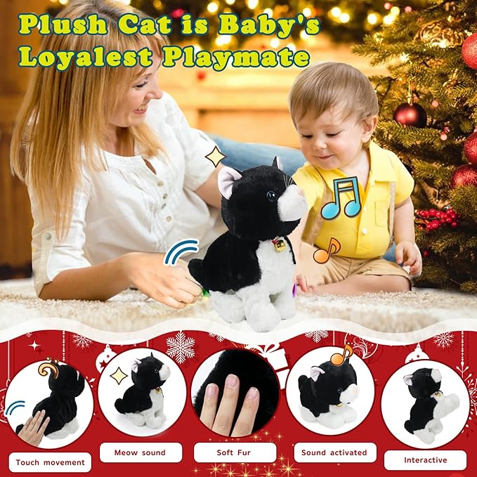 Plush Cat Stuffed Animal Interactive Robot Toy, LED Robotic Cat Barking Meow Kitten Touch Control, Electronic Cat Pet, Robot Kitty Toys, Animated Toy Cats for Girls Baby Kids
