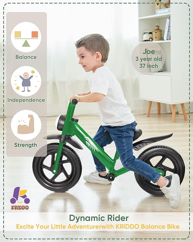 KRIDDO Kids Balance Bike for 2-5 Years, with Front Light, Upgraded Tires for All Terrain, Upgraded Bearing for Smooth and Stable Riding, Front and Rear Fenders, Adjustable Seat