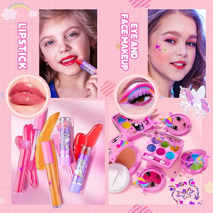 Kids Makeup Kit for Girls - Girls Makeup Kit Toys, Real Washable Cosmetic Set with Storage Case, Kids Play Makeup Set for Christmas Birthday Gift 3 4 5 6 8 10 11 12+ Years Old, Pink