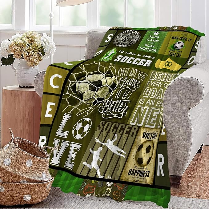 Soccer Blanket Sport Theme Throw Blanket Ultra Soft Cozy Fleece Soccer Gift for Soccer Lover Fuzzy Plush Bedding Blankets for Soccer Team Player Kids Teens Adults Girls Boys Women Men 80"x60"