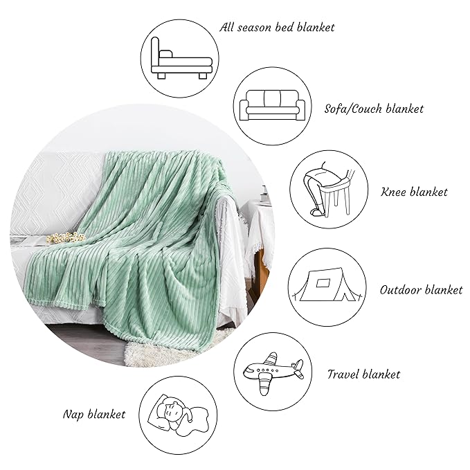NTBAY Plush Flannel Twin Bed Blanket, 60x80 Inches Soft and Warm Lightweight Bed Blanket with Striped Texture for Couch, Sofa, All Seasons, Mint
