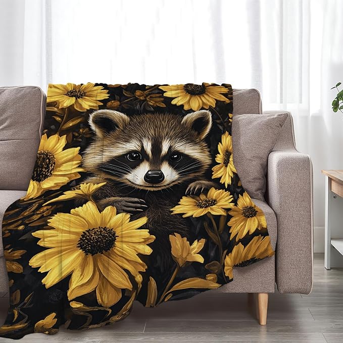 Raccoon Blanket Cute Raccoon Lover Floral Animal Throw Blankets Gifts for Girls Boys Kids Soft Cozy Fleece Plush for Couch Sofa Bed 50"x40"