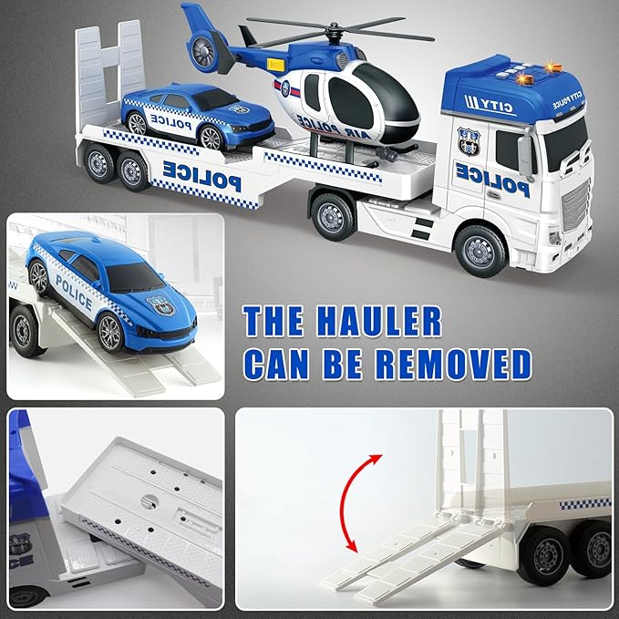 Large Police Car Toy for Kids Boys - 25'' Semi Truck Toy with Racing Car and Helicopter - Police Toys Birthday Gift for Kids Toddlers 3 4 5 6 Year Old, Play Vehicles with Light and Sound