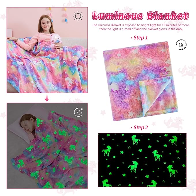 QSTEHEML Unicorn Glow in The Dark Blanket,Unicorn Gifts Toys for Kids Girl Age 3-12 Years Old,Birthday Gifts for Toddler, Teen,Christmas Birthday Bedroom Decor 50"×60"