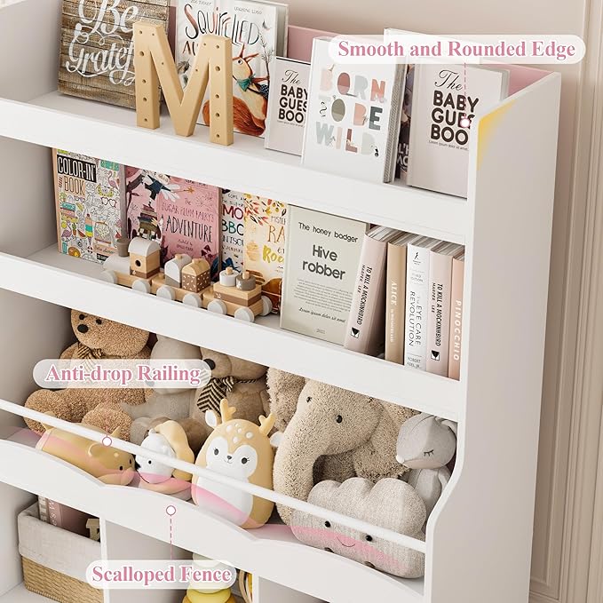 HITHOS 55.3"H Kids Bookshelf with Toy Storage Organizer, Tall Book Shelf with 3 Mobile Toy Storage Bins, Large Kids Bookcase with Toy Chest, 39.2"W Modern Toy Box for Kid Room, Playroom, Pink, White