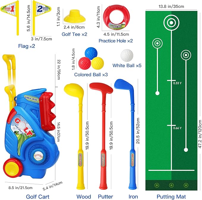 Toddler Golf Set for Boys Girls 2 3 4 5 Years Old, Kids Golf Clubs Set with Cart & Putting Mat, Outdoor Indoor Sports Christmas Toys Birthday Gift, Blue