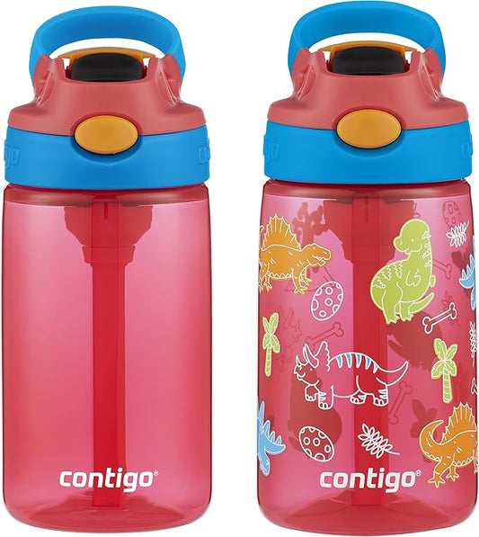 Contigo 14oz Kids Cleanable Water Bottle with Silicone Straw and Spill-Proof Lid, 2-Pack in Watermelon & Dinos, Dishwasher-Safe