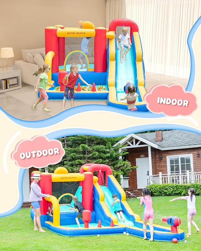 Doctor Dolphin Inflatable Bounce House with Air Blower, Bouncy Castle for Toddlers, Kids Jumping and Slide Castle for Indoor & Outdoor