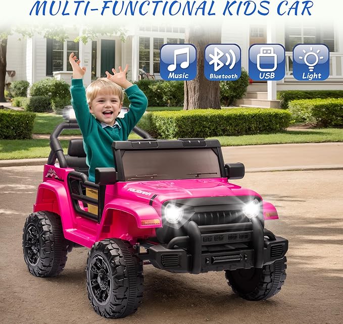 Ride on Truck Car, 12V Kids' Electric Vehicles W/Parents Control, Ride on Toys for Toddlers with Music, Bluetooth, Four-Wheels Suspension, USB, Headlights, Pink