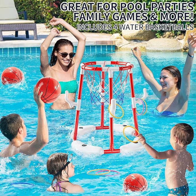 Pool Basketball Hoop, 2-in-1 Floating Pool Toys Ring Game with 4 Balls and Pump, Outdoor Swimming Pool Basketball Games Water Play Toy Family Party for Kids Adults Age 3-12 (Red)
