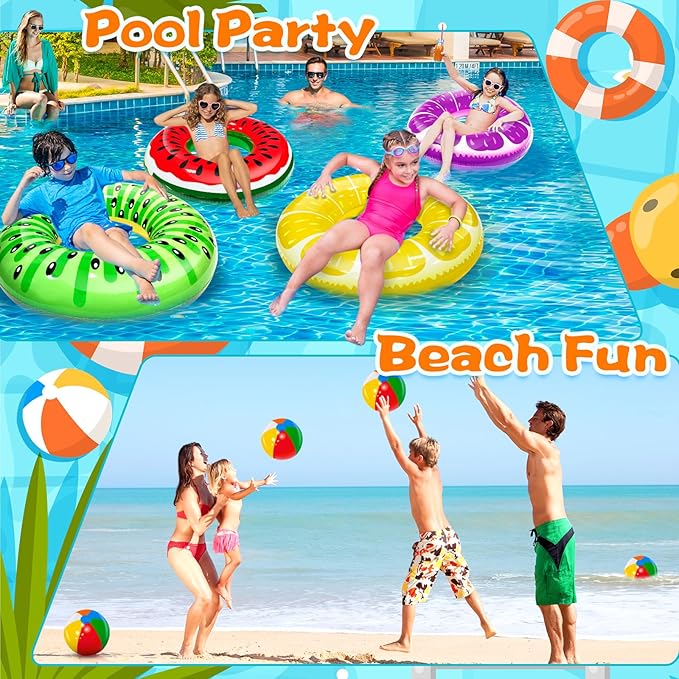 8 Pack Inflatable Pool Floats Kids, 4 Pcs Fruit Swim Tubes Rings and 4 Pcs Beach Balls, Pool Floaties Summer Hawaiian Beach Toys Swimming Luau Party Floats for Kids Adults Water Fun