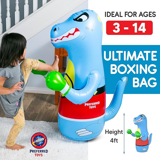 Inflatable Dinosaur Punching Bag for Kids – Bop Bag for Toddlers and Children Ages 3-14 – 47" Blow Up Toy with Bounce-Back Action – Fill Base with Sand or Water