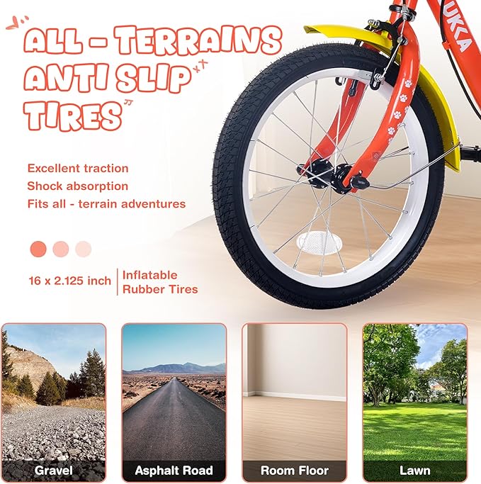 MEGHNA 16 inch Kids Bike Low - Step Through Frame Bike with Detachable Training Wheels Basket Adjustable Seat with Bell C Brake and Band Brake for 4-7 Years Old Child Boys Girls, Easy Ride