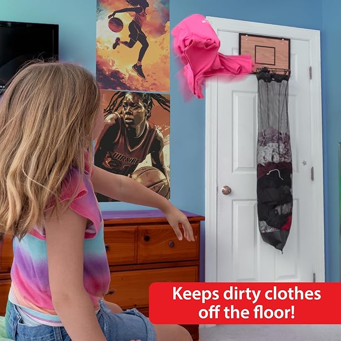 Wooden Basketball Hamper - Hoop Laundry Basket Over the Door - Room Decor