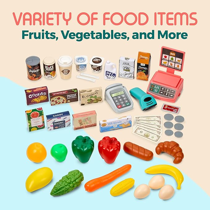 MEDca Kids Play Supermarket Set with Scanner - Pretend Play Grocery Shop Set - 47 Piece Complete Playset with Cash Register Credit Card Machine Scanner Shop Trolley and Food Gift for Boys and Girls