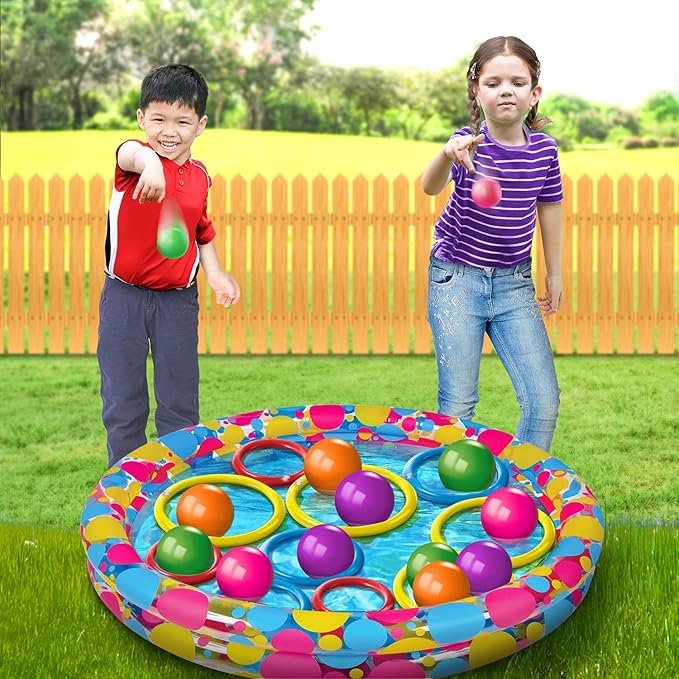 Gamie Floating Ring Toss Game for Kids, Outdoor Carnival Game Set with Inflatable Pool, Floating Rings, and Colored Plastic Balls, Outdoor Games for Family and Backyard Parties