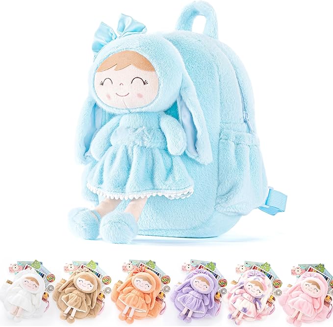 Gloveleya Back to School Gifts for Girls Toddler Backpack Kids Backpack Baby Girl Gift Plush Bag with Pure Blue Rabbit Doll Aged 2+