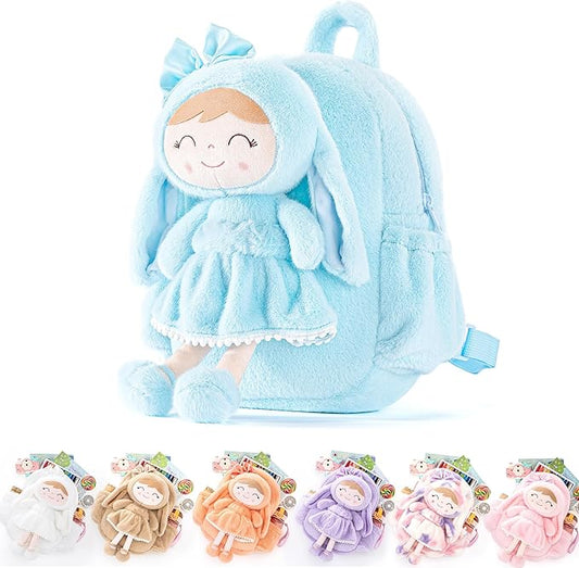 Gloveleya Back to School Gifts for Girls Toddler Backpack Kids Backpack Baby Girl Gift Plush Bag with Pure Blue Rabbit Doll Aged 2+