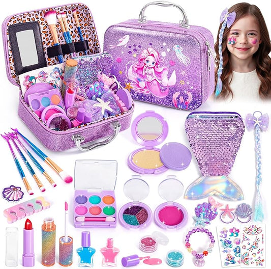 Kids Makeup for Toddlers Toys, Washable Make Up Set Non-Toxic Mermaid Toys for Girls, Kids Hair, Nail Polish, Brushes, Purse Accessories, Princess Christmas Birthday Gift Toys for Girls 3+