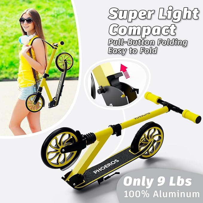 PHOEROS Kick Scooter for Kids Ages 6-12,Teens & Adults, Youth. Lightweight Aluminum Kick Scooter for Teens Adults Boys Girls with 8 inch Big Wheels, Foldable, 3 Height Adjustable, Shock Absorption.