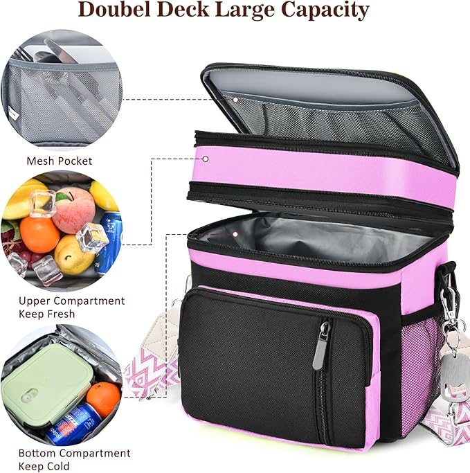 LOKASS Lunch Box & Lunch Bag for Women Men Double Deck, Large Insulated Adult Lunch Box Leakproof Lunchbox Cooler Bag for Work Picnic Beach,（Pink&Black 16L）