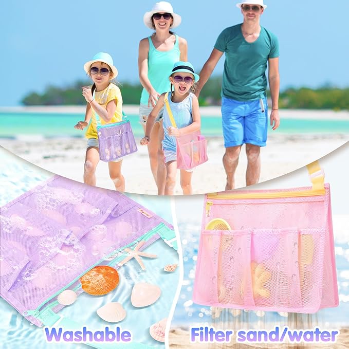 Tagitary Beach Toys Mesh Beach Bags with Zipper, Kids Pool Sand Toys Seashell Crossbody for Boys and Girls Summer Vacation Essentials