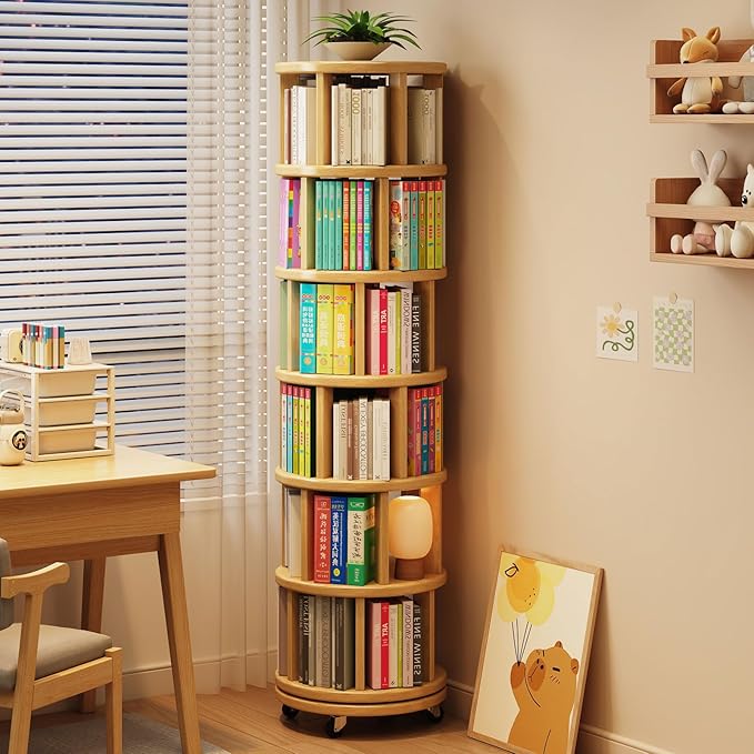6 Tier Rotating Bookshelf 360° Solid Wood Spinning Book Shelf Tower on Wheels Rolling Revolving Bookcase for Small Spaces, Corner, Bedroom, Kids Room, Office
