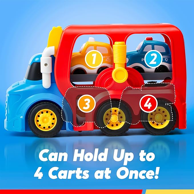 Toddler Truck Toys for Age 2-4, Carrier Transport Trucks for Kids 2 3 4 5 Year Old Boy, 4 Pack Car Toys Including School Bus, Taxi, Fire Engine and Police Car, Christmas Birthday Gift